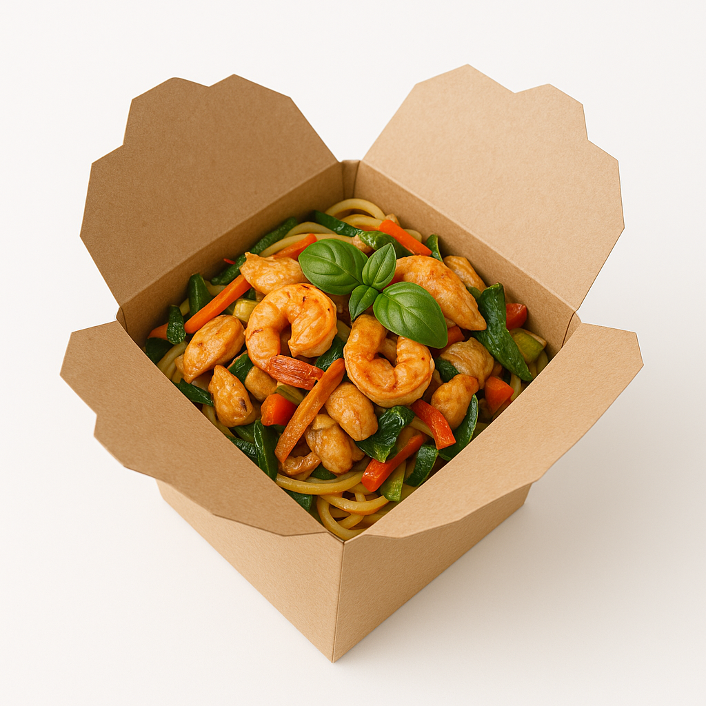 🍴pasta kip, spek, scampi met warme groenten en bacilicum